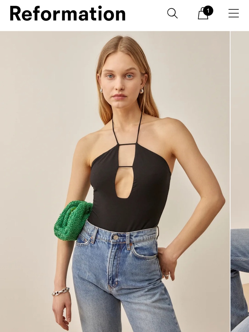 Reformation Black Halter Cutout plunge Bodysuit XS